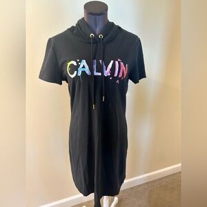 Calvin Klein Black Hoodie Tee Dress with Multicolor 'CALVIN' Print size L